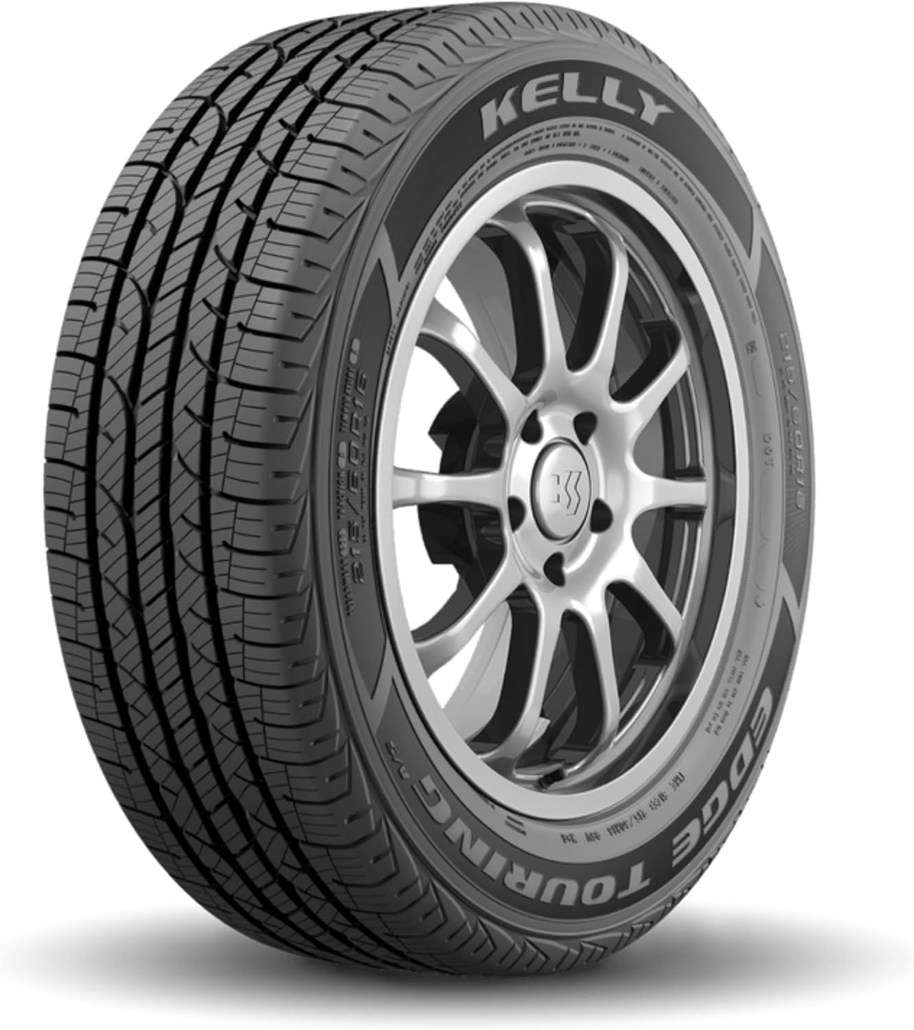 Kelly Edge all-season touring tire on a silver multi-spoke wheel, four wide circumferential grooves