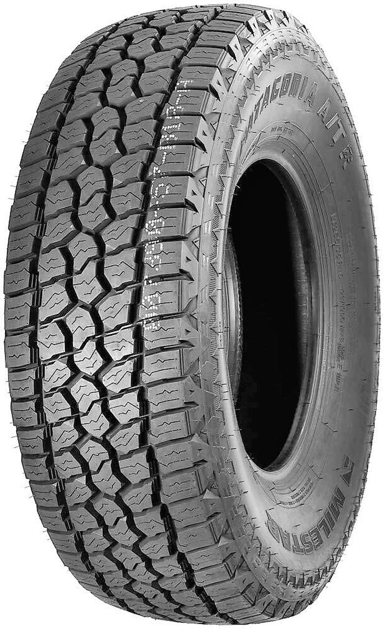 Milestar Patagonia all-terrain tire with staggered shoulder lugs, mounted on a dark alloy wheel