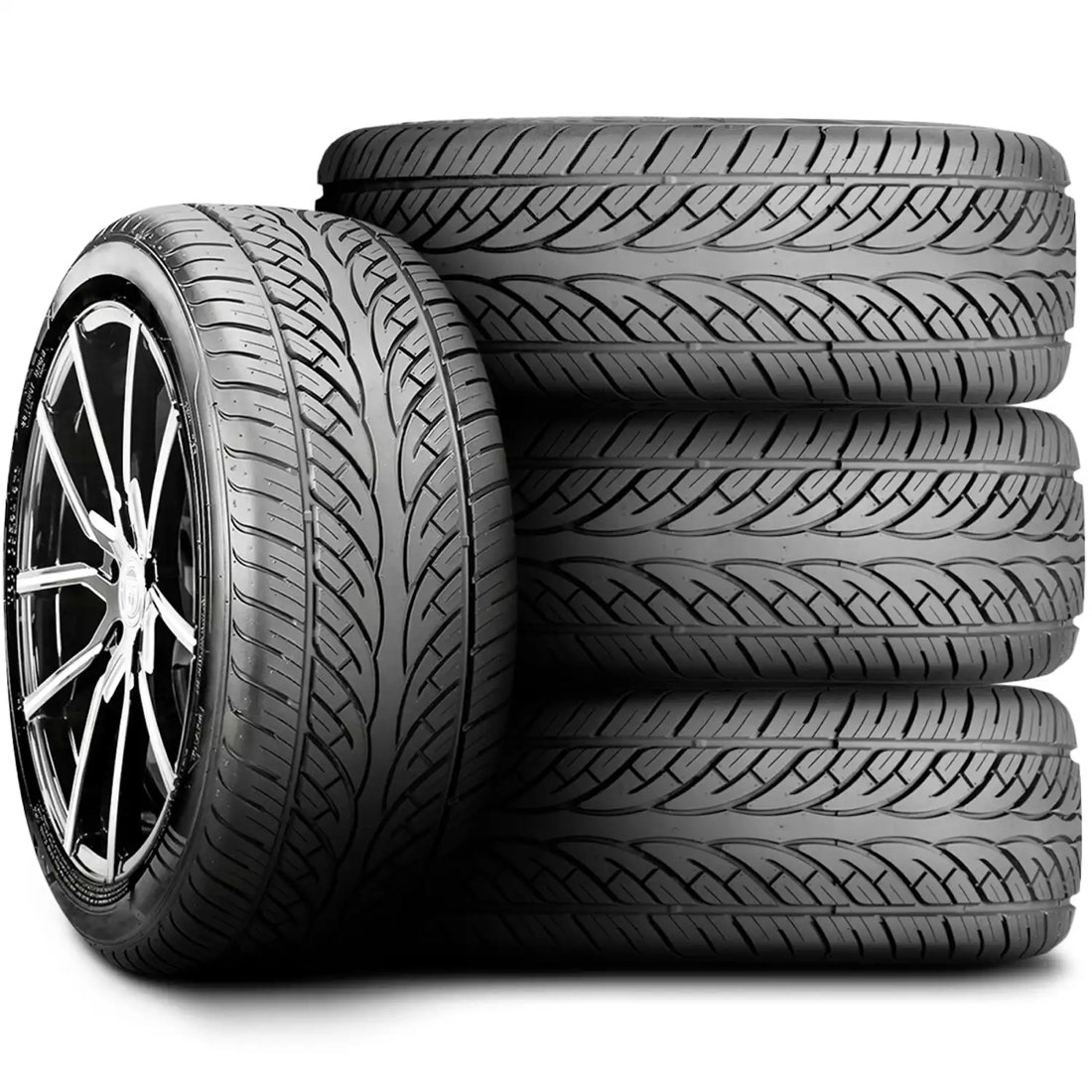 A set of four Sunny tires, one standing on a machined alloy wheel in front of three stacked tires showing the directional tread